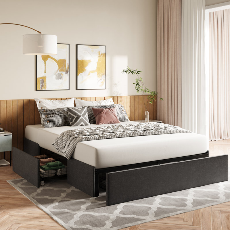 Lit plateforme avec rangement, 3 grands tiroirs sur roulettes, lit plateforme tapissier en tissu, aucun sommier tapissier requis, support de lattes en bois massif, assemblage facile, gris foncé