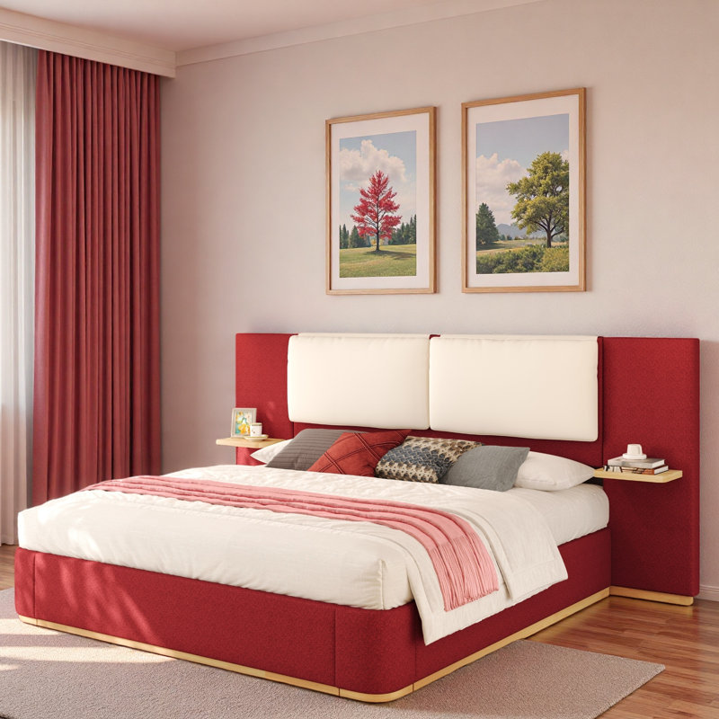 Lit plateforme tapissier avec tablettes, Grand lit, Rouge / Beige