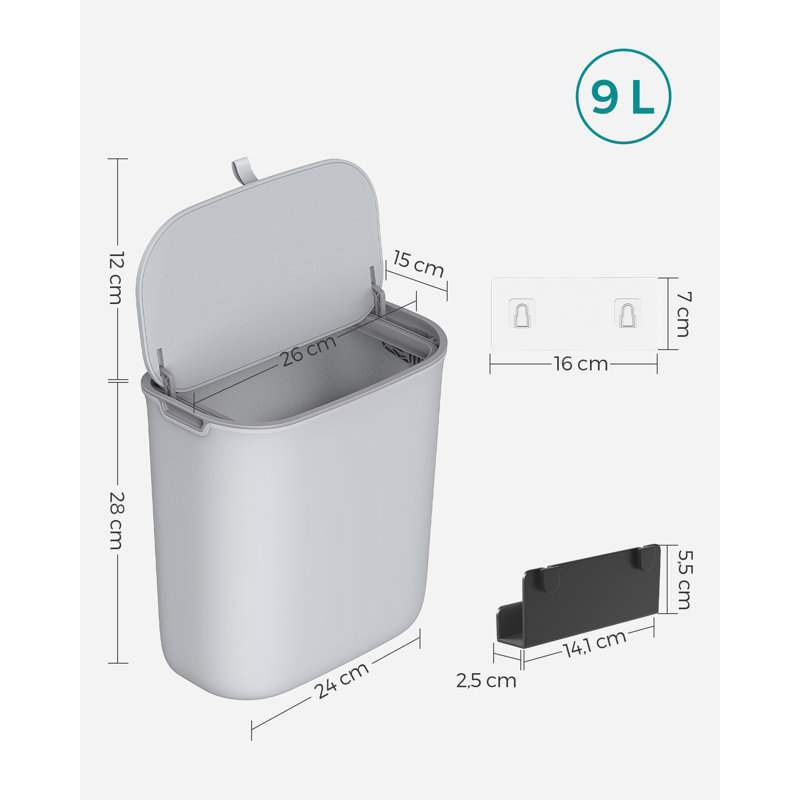 Poubelle suspendue, poubelle murale, poubelle de cuisine de 2,4 gallons avec couvercle pour déchets alimentaires, suspendue ou collée sur une porte d'armoire, pour armoire de cuisine, sous évier