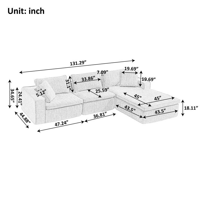 4 - Piece Upholstered Boneless Modular Sectional L Shape Sofa, Gray Polyester Blend