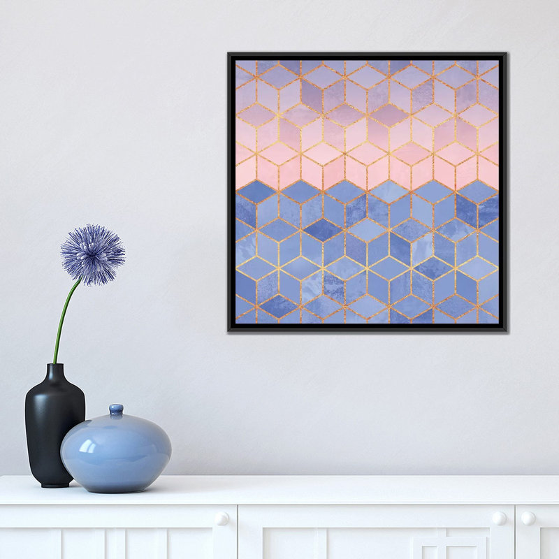 Quartz rose et cubes de sérénité, H 18 po x l 18 po x P 1,5 po, Toile avec cadre noir, Pas de tapis