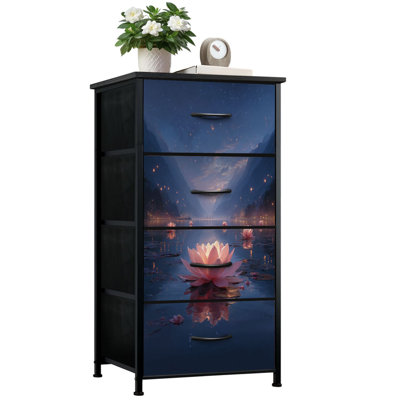 Commode pour la chambre à coucher avec 4 tiroirs de rangement Fleurs de lotus roses sereines flottant des eaux calmes sous la nuit étoilée Commode Commode en acier avec cadre en tissu