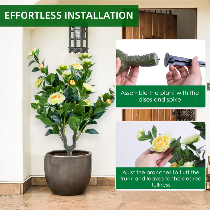 Artificial Topiary Ball Trees Set of 4 with Yellow Camellia Flowers – 35.4in PE Fake Plants, Ground Spikes & Metal Stakes, Decorative for Home and Garden, 4 Yellow Flowers, 90x40cm