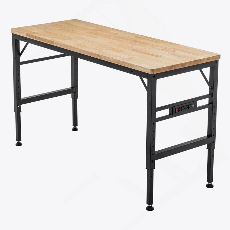 Établi à hauteur réglable, poste de travail robuste en bois d'hévéa de 60 po avec prises de courant, table de travail en bois franc d'une capacité de charge de 2000 lb pour atelier, garage, bureau, maison