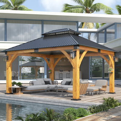 15 ft. W x 13 ft. D Spruce Wood Gazebo with Galvanized Steel Double Roof, LED Lights with Control Switch