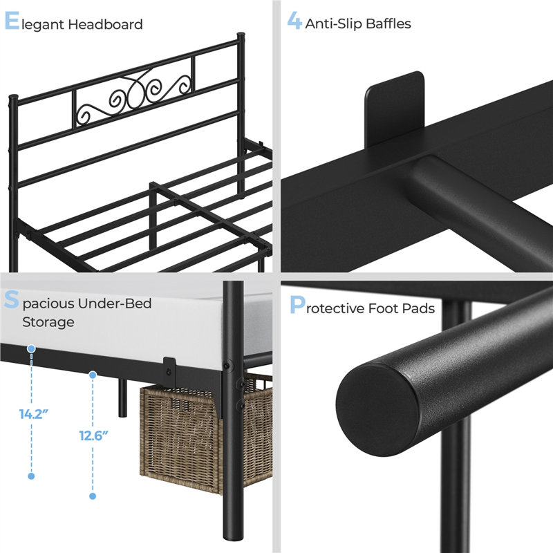 Graceful Scroll Platform Bed with Multiple Size and Colour, Queen, Black