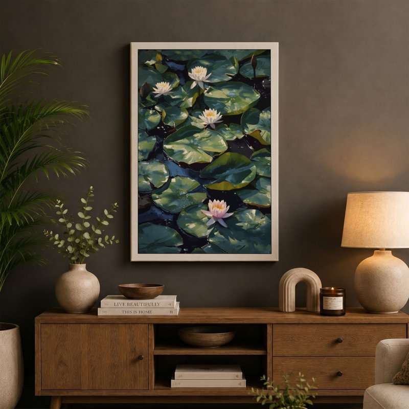 Water Lilies in Bloom Botanical - Wrapped Canvas, 36x24 - 91.4 x 61.0 cm, Teal Border