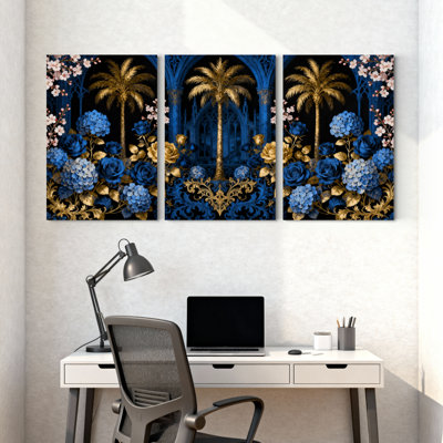 Plantes et fleurs, roses bleues, palmiers dorés, ensemble de 3 impressions sur toile