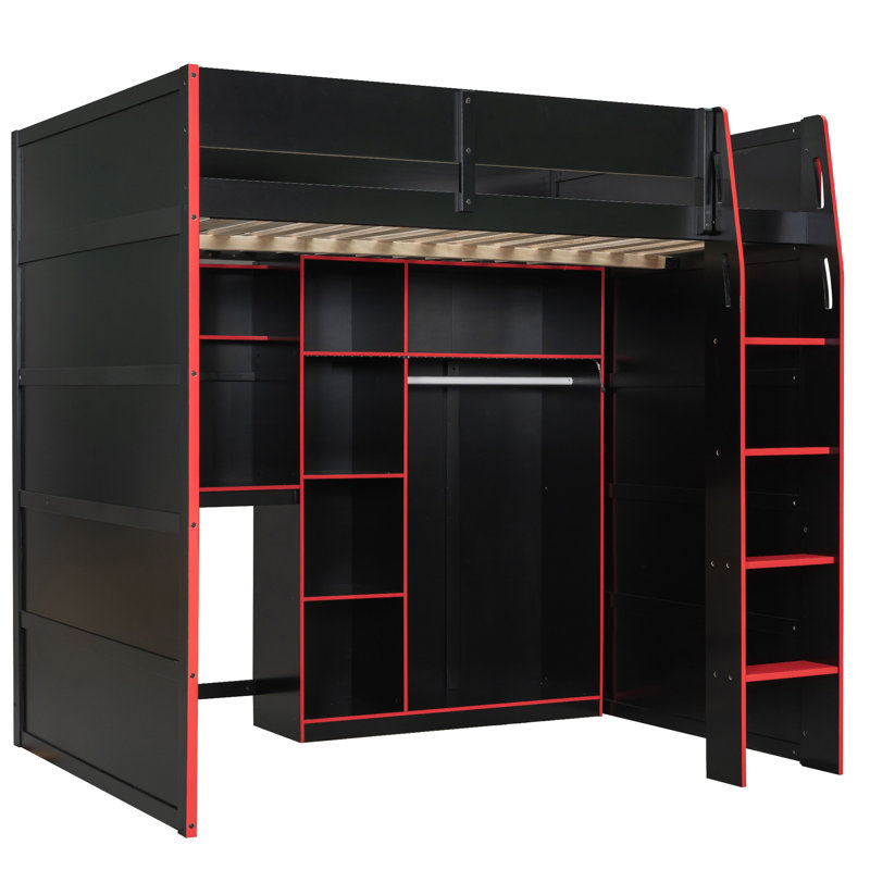 Lit mezzanine en bois avec bureau, Rouge