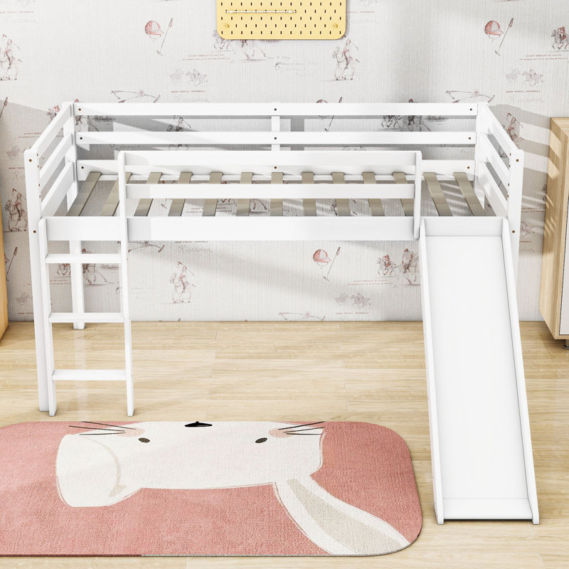 Twin Wood Low Loft Bed With Slide And Ladder, White