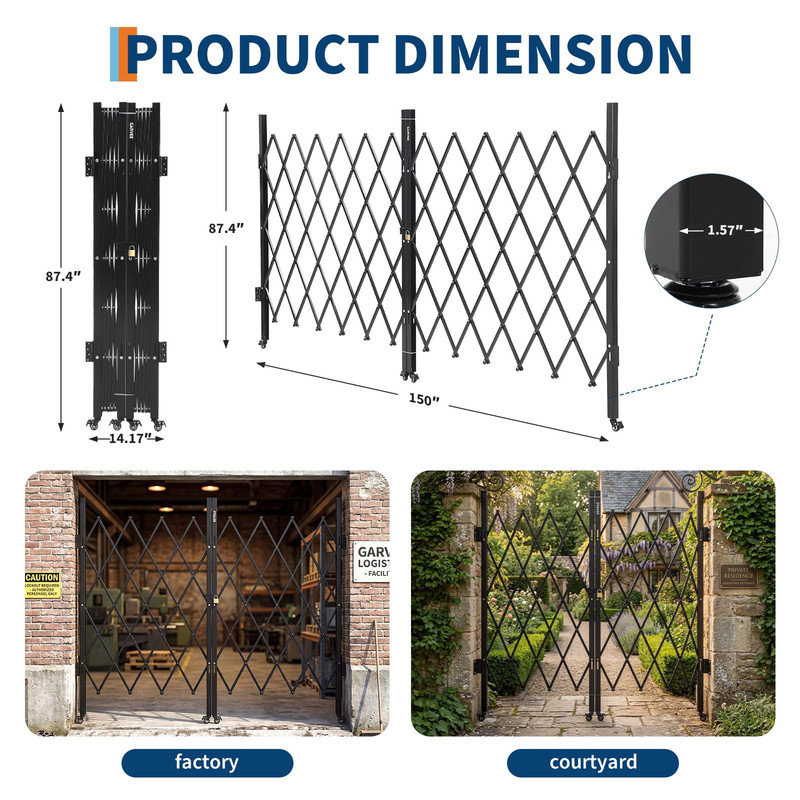Barrière de ciseaux extensible robuste en aluminium 150 po avec roulettes et serrure à clé pour porte de garage