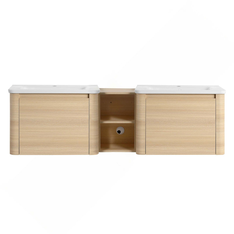 Meuble-lavabo mural avec lavabo en céramique blanche et tablettes de rangement et 2 portes à fermeture en douceur, emballage KD