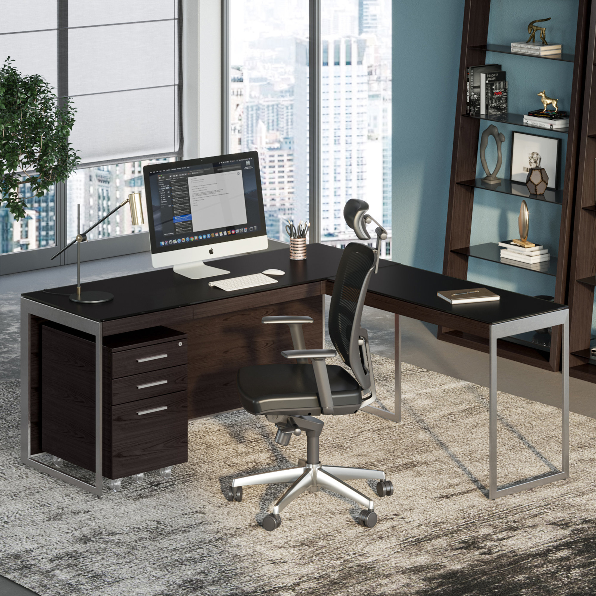 Sequel 20 Writing Desk, Charcoal Stained Ash/Satin Nickel, 24.75" H x 66" W x 24" D