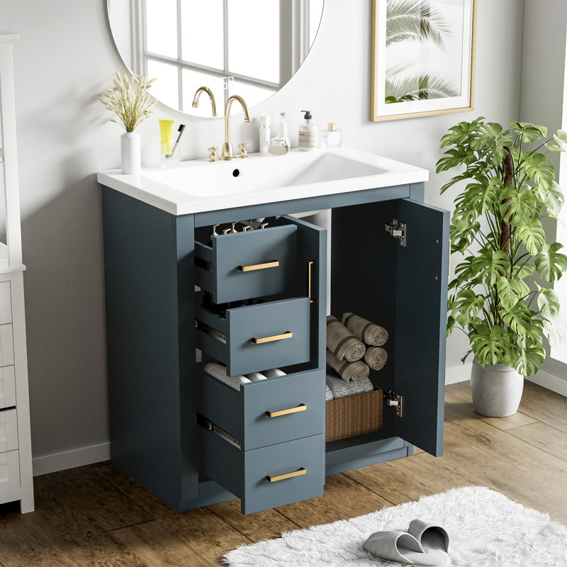 Bathroom Vanity With Ceramic Sink, Wood Frame Bathroom Storage Cabinet With Drawers And Soft Closing Doors, Blue