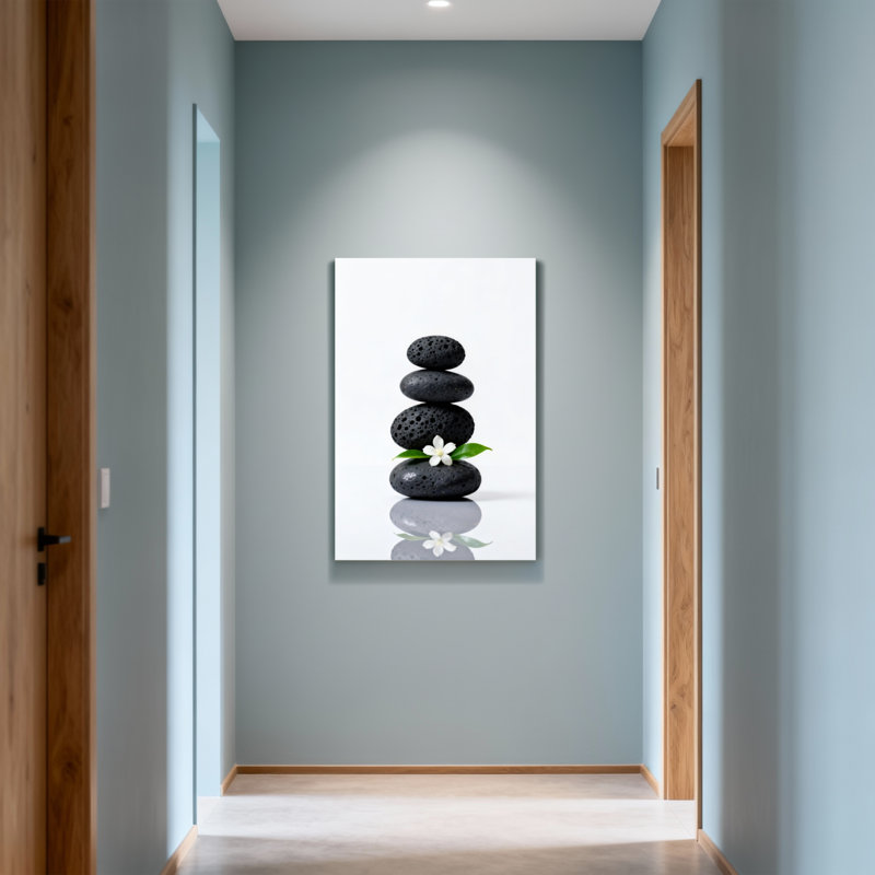 Bain et lessive pierres noires avec fleur blanche et feuille verte, H 48 po x l 32 po
