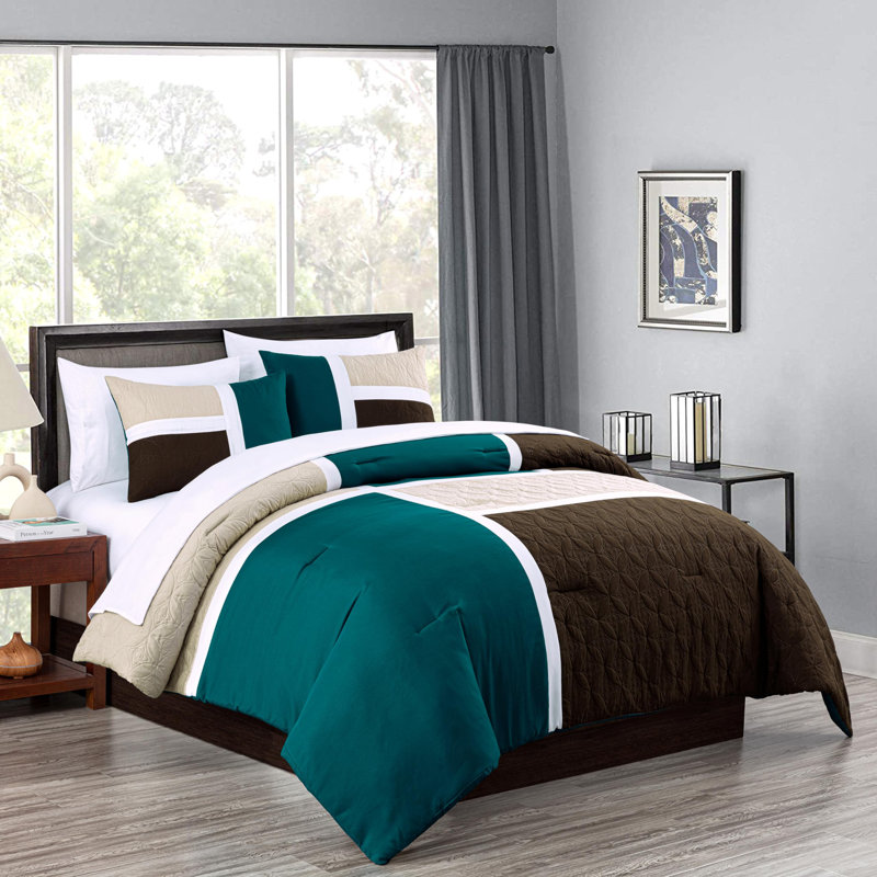 7-Piece Patchwork Bed in a Bag Comforter Set with Sheets, California King Comforter + 6 Additional Pieces, Teal/Beige/Brown