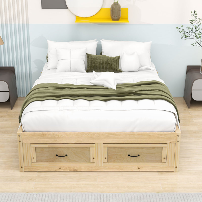 Lit plateforme en bois avec 6 tiroirs de rangement, Naturel antique, Grand