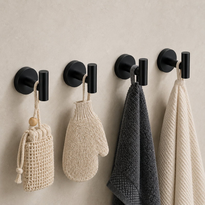 Crochets à serviettes muraux pour salle de bain, Noir mat, 4