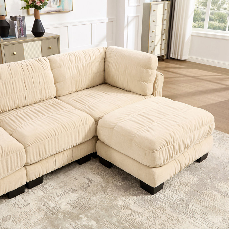 Canapé modulaire en chenille à 2 sièges avec détails ruisselés, 2 repose-pieds mobiles, mousse à haute densité, coussins de dossier en forme de L, assemblage facile, pour le salon, la chambre à coucher