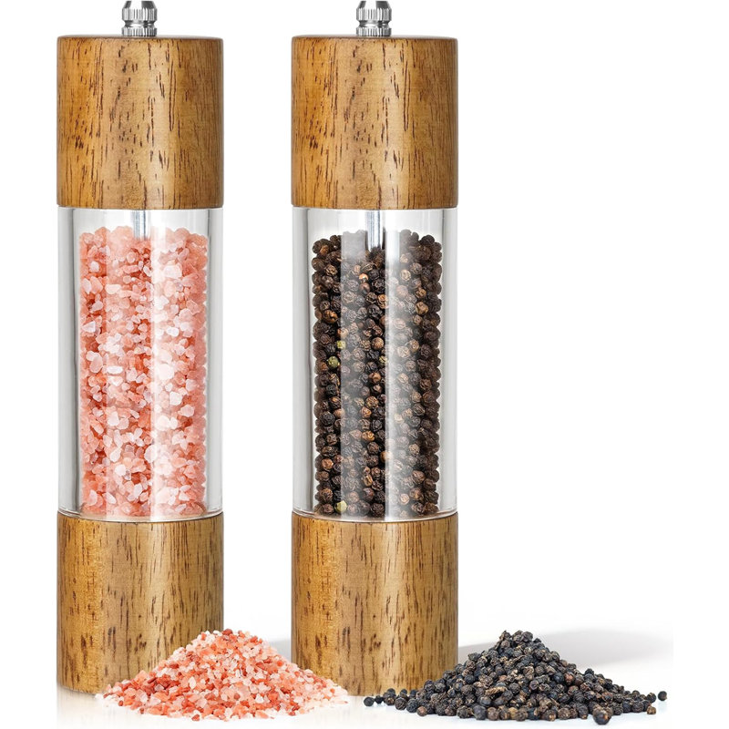 Ensemble moulin à sel et poivre en bois d'hévéa de 20 cm (8 pouces), moulin à épices manuel réglable en céramique avec compartiment en acrylique transparent