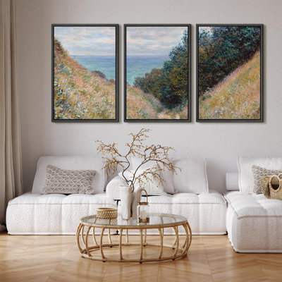 " Seaside Cliff Path Coastal Scenery Vibrant Nature Landscape Illustration Modern Decor Relax Calm " 3 - Pieces on Canvas