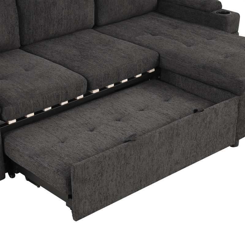 83.5" L-shaped Sofa Couch Convertible Sofa Bed Sectional Sofa with Ample Storage  Space, Two Cup Holders and Two USB Ports for Living Room