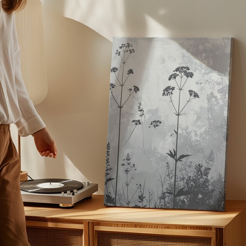 Silhouette de fleur de gris en forme de fleur botanique élégante avec art mural mural texturé prêt à accrocher