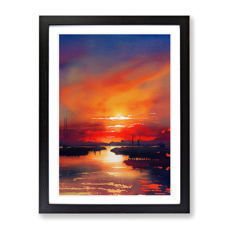 XV1022-4345X Sunset Watercolour No.4 - Single Picture Frame Painting, Black, 64cm H x 46cm W x 2cm D