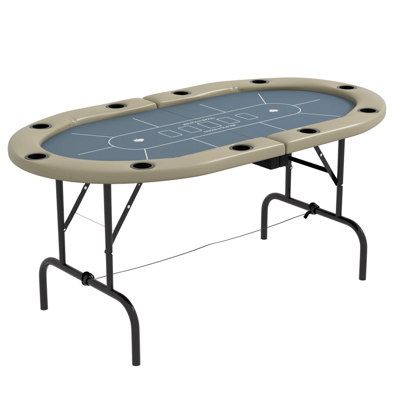 Table de poker pliable, table de poker ovale de 70 po au Texas Holdem pour 10 joueurs avec porte-gobelets, bleu et brun