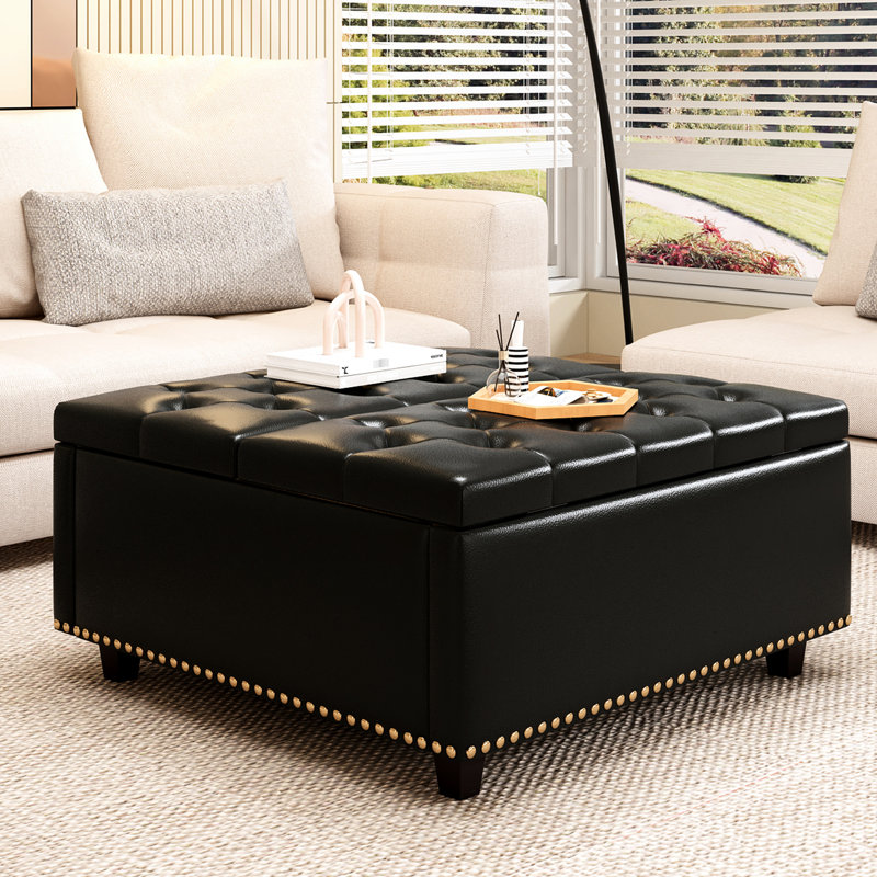 Grand rangement carré Ambridge de style Mid-Century avec rivets, rangement moderne en similicuir noir, détails, Noir