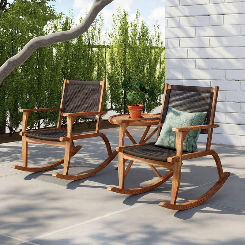Outdoor Rocking Chair Set with Wicker Seat, Dark Brown