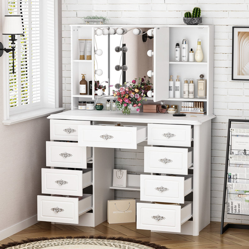 Bureau de coiffeuse Aurey avec miroir pliable et lumières réglables