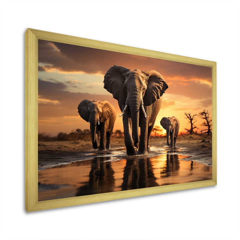 «Elephant Shadows Of Serenity II», art mural sur toile, Cadre doré simple, H 24 po x l 32 po x P 1 po