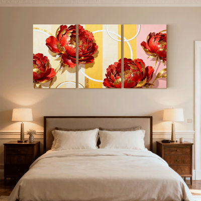 Plantes et fleurs, pivoine rouge et or, ensemble de 3 reproductions d'art sur toile