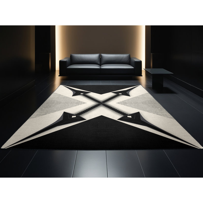 Machine Washable Brennan Naginata Polearm Modern Geometric Rug in Grey – Black Binding, 2x5