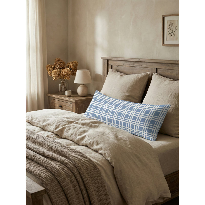 Cape Blue Estate Plaid Linen Dutch Euro Pillow 28X36 with Down Insert, Beige, Square 26", Down Blend