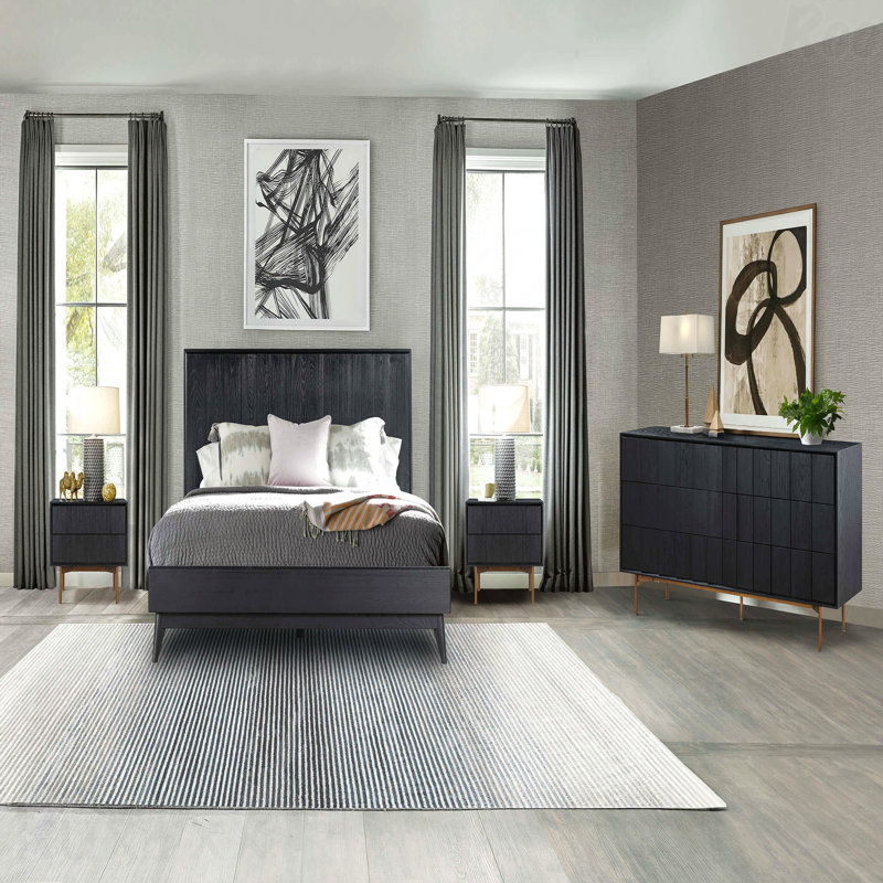 Black Brushed Oak & Bronze 2-Drawer Nightstand