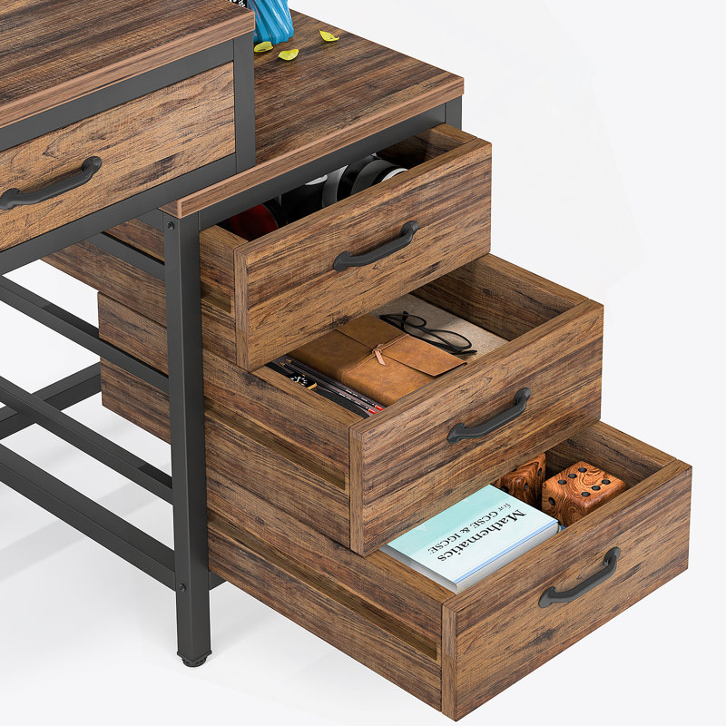 Bureau d'ordinateur réversible de 51 pouces avec 5 tiroirs et classeur, bureau à domicile rustique avec support pour imprimante, table d'écriture industrielle pour petits espaces