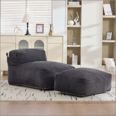  Large Corduroy Bean Bag Chair with Ottoman, High Resilience Memory Foam Filled Adult Lounger Sofa, Ergonomic Comfy Bean Bag with Side Pocket & Non-Slip Base for Living Room Bedroom Balcony