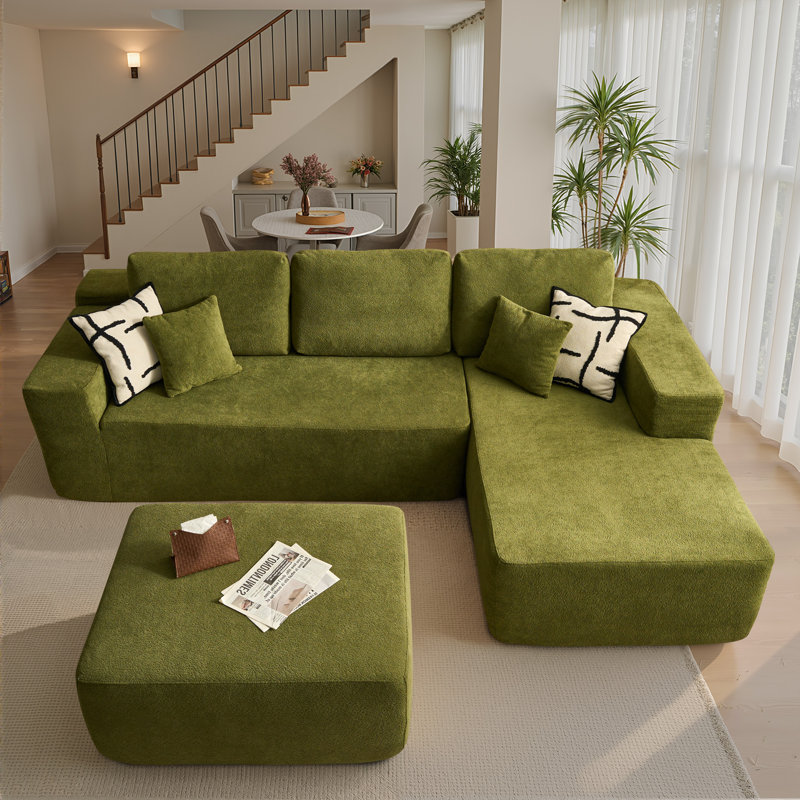 Canapé modulaire en forme de L avec repose-pieds et repose-pieds sans assemblage 106,3 po Boneless, Polyester vert / nounours