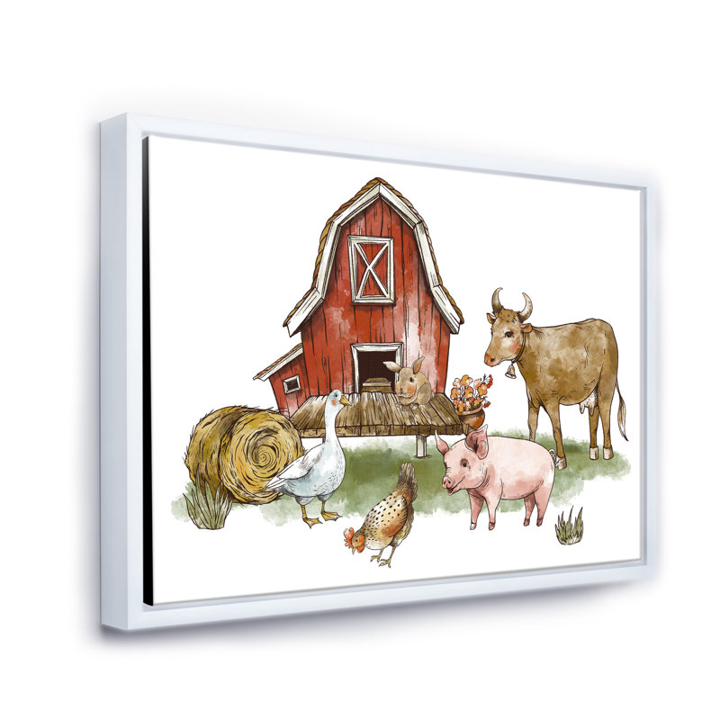 «Farm House With Goose Chicken Cow Pig And Haystack», reproduction sur toile flottante, Cadre blanc