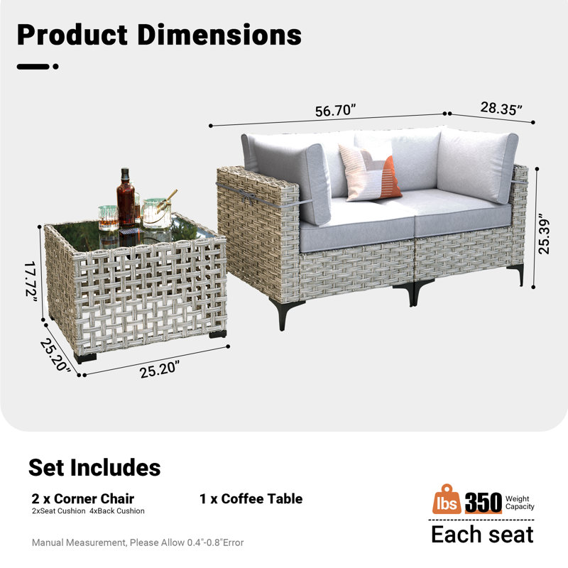Ensemble de conversation en osier / rotin pour 2 personnes avec table basse lumineuse et coussins Emroy, Gris clair