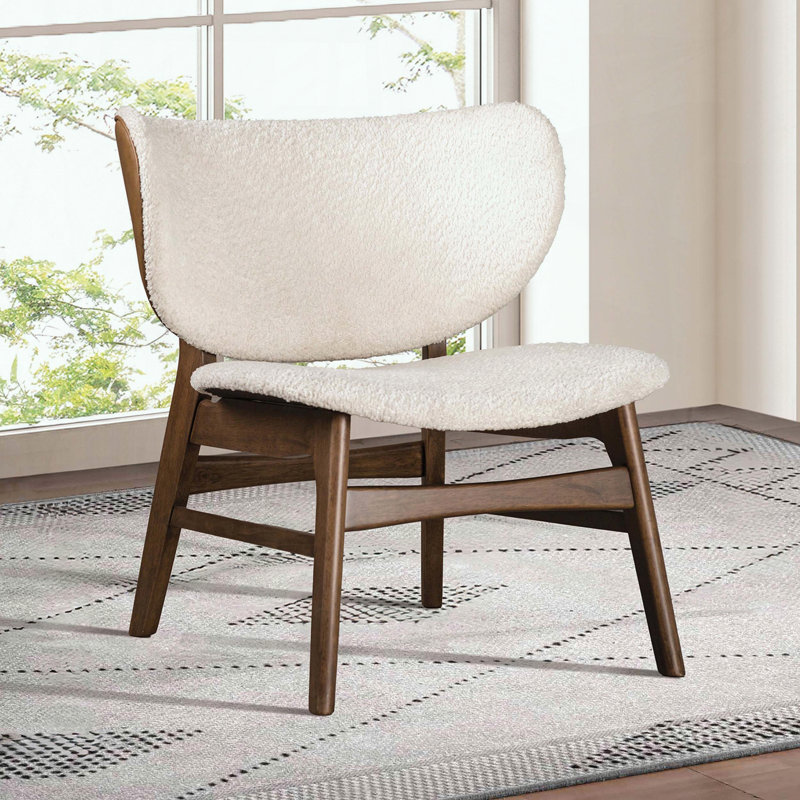 Fauteuil à oreilles de style Mid-Century, tissu bouclé et structure en noyer