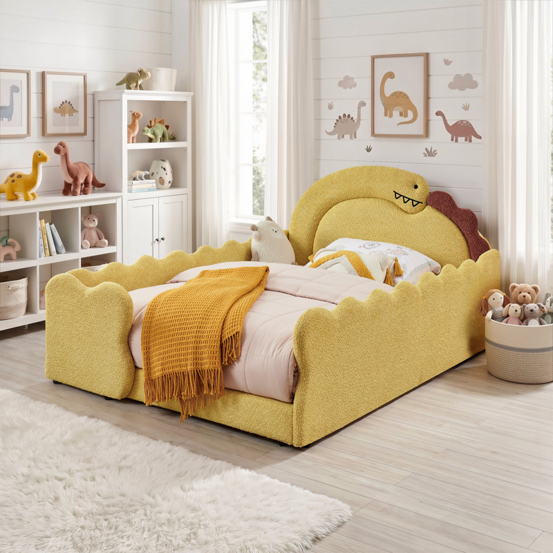 Lit double en forme de dinosaure avec barrière de sécurité, structure de lit en bois massif pour chambre à coucher, tissu Boucle