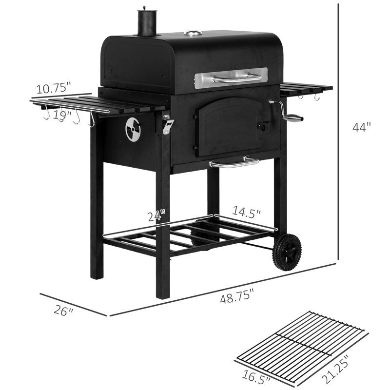 Barbecue au charbon de bois avec tables d'appoint pliantes et rangement, hauteur réglable, thermomètre, roues pour ouvre-bouteilles de patio, noir, roues,