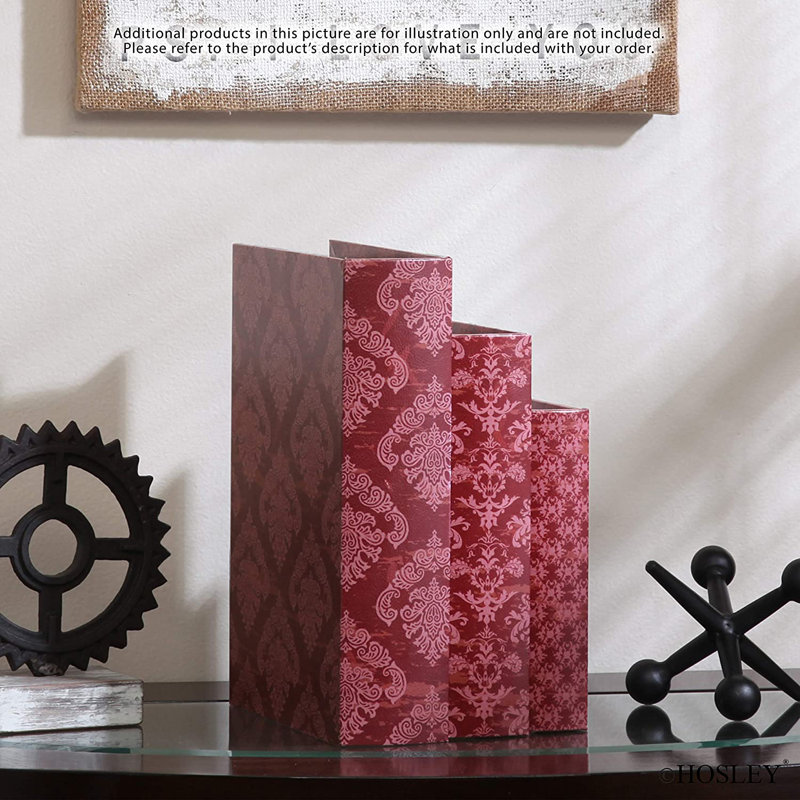 Hosley Farmhouse Memory Book Boxes Set of 3 Red Brown & Gold Storage Organizers in 12", 10", 8" Heights for Stylish and Functional Keepsake Storage