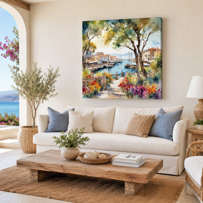 Mediterranean Harbor with Flowers Coastal Village Wrapped Canvas Wall Art