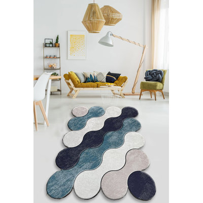 Machine Washable Area Rug, 31.5 x 59.1 inches, 100% Polyester, Antibacterial, Non-Slip Underside | Blue, Dark Blue, White & Beige | Pile Height: 0.4 inches | Perfect for Living Room, Bedroom & Dining Areas