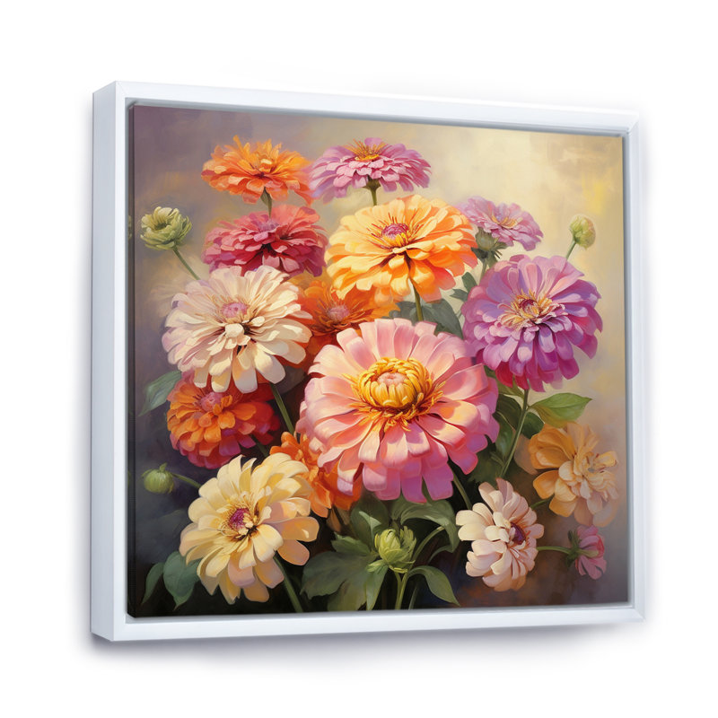 "Colorful Zinnias", impression romantique sur toile encadrée, H 36 po x l 36 po x P 1,5 po, Cadre flottant blanc