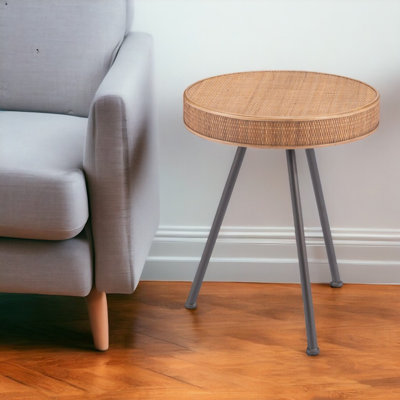 Table de bout ronde 23 po en faux rotin et acier 23 po